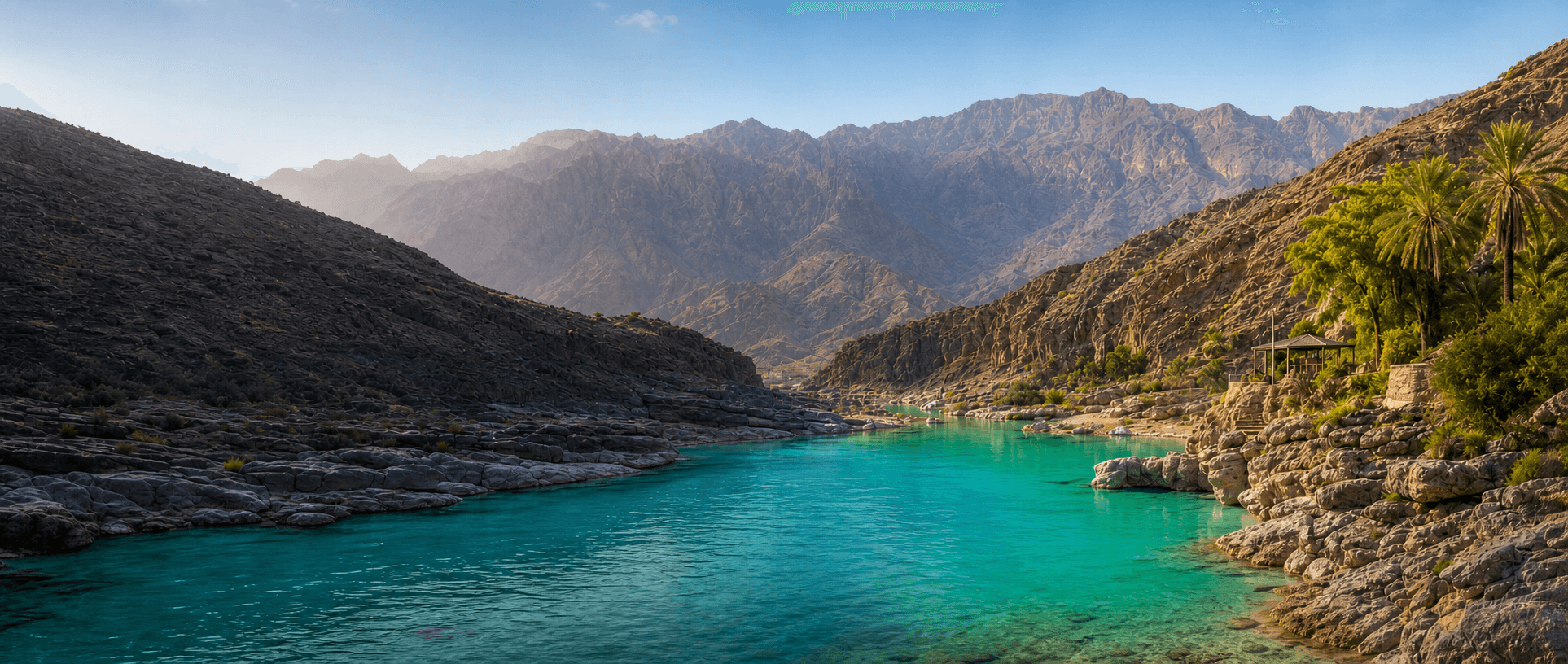 A turquoise wadi beneath the Al Hajar Mountains in Oman